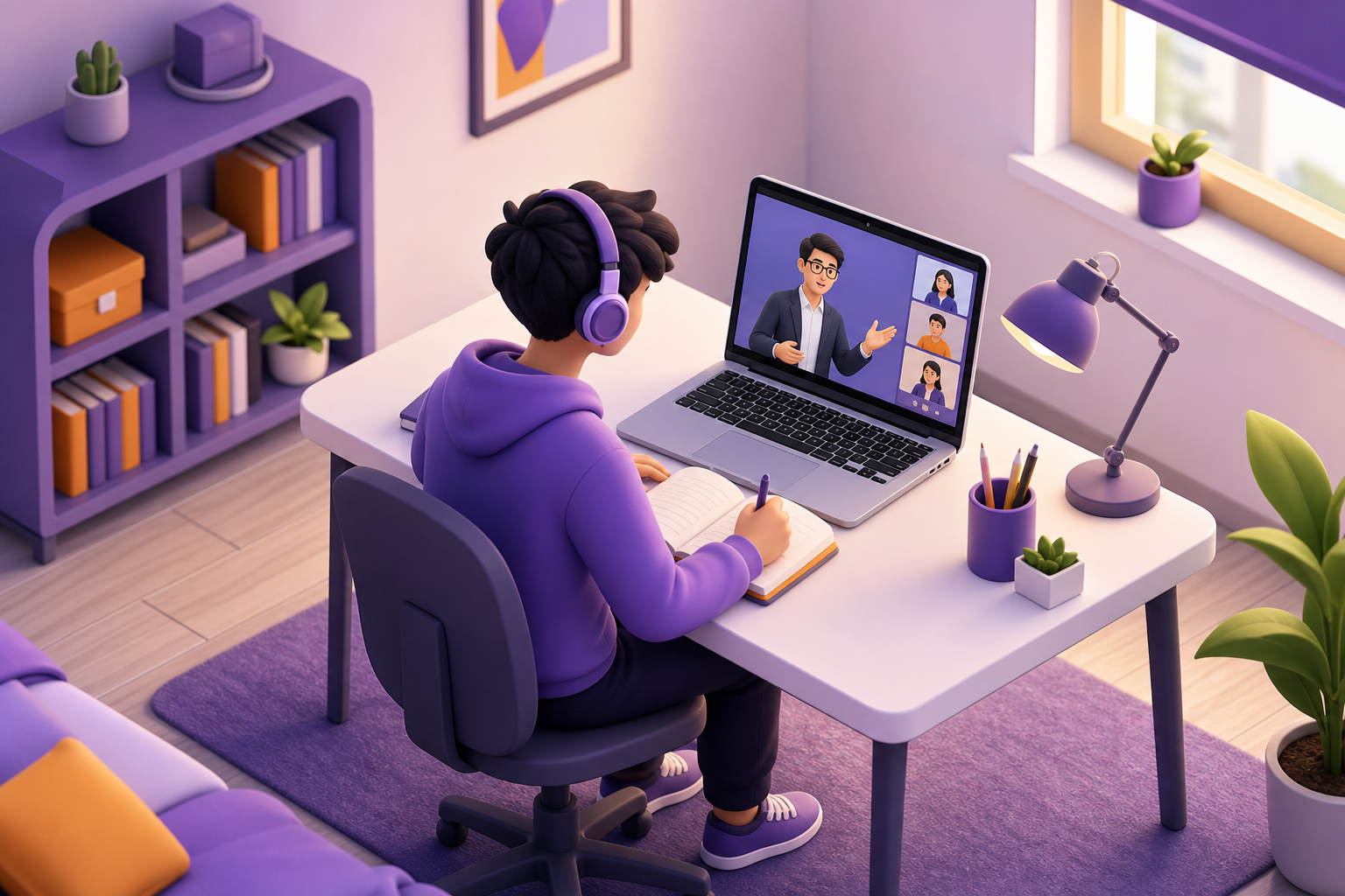 Estudante em aula online com notebook e fones de ouvido
