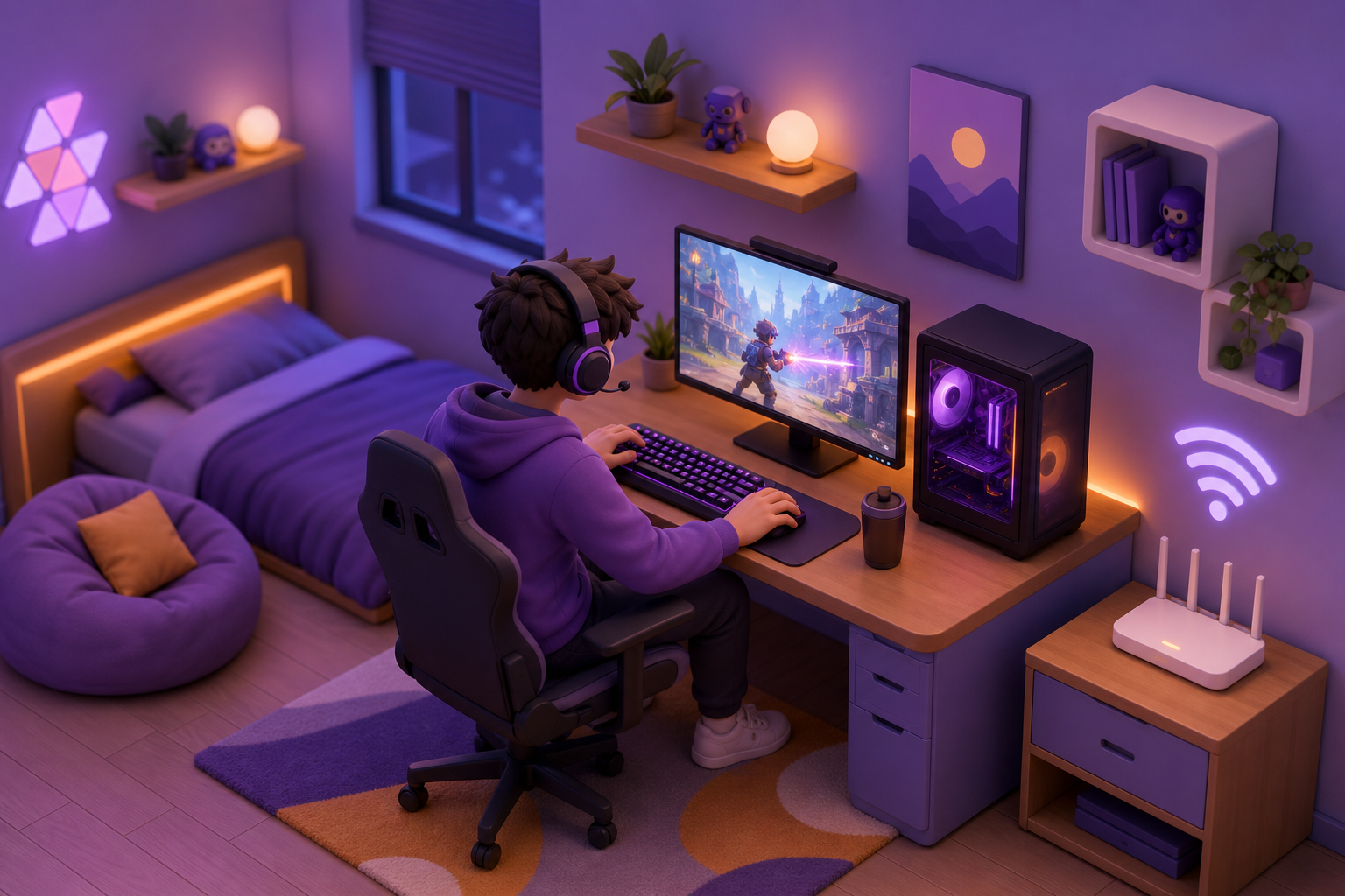 Jogador online com headset e PC gamer em casa