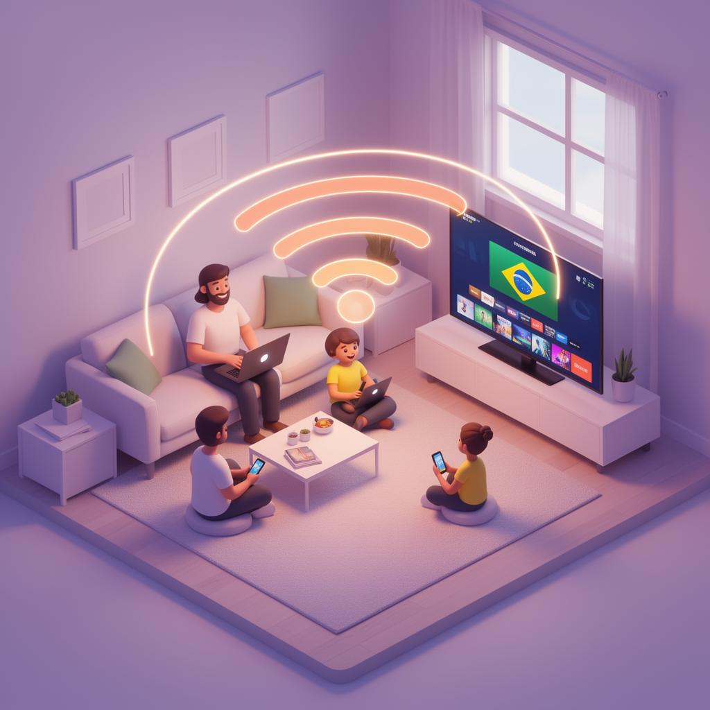 Família assistindo streaming em casa com internet estável