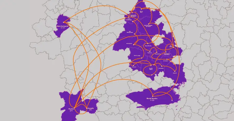 Mapa ilustrativo das regiões atendidas pela Infornet no Vale do Piranga e Médio Piracicaba
